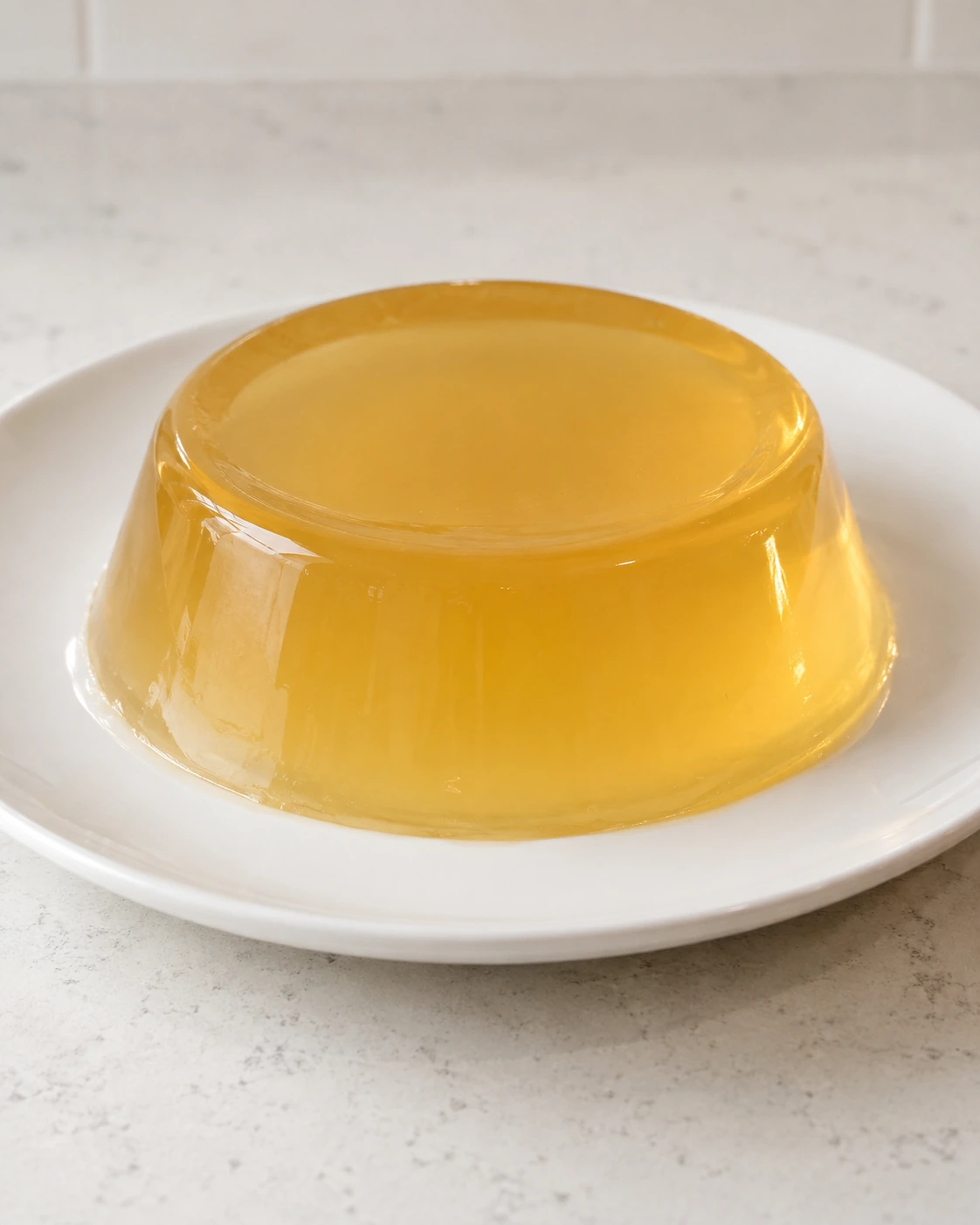 Whole pale-gold fresh apple juice gelatin on a white ceramic plate