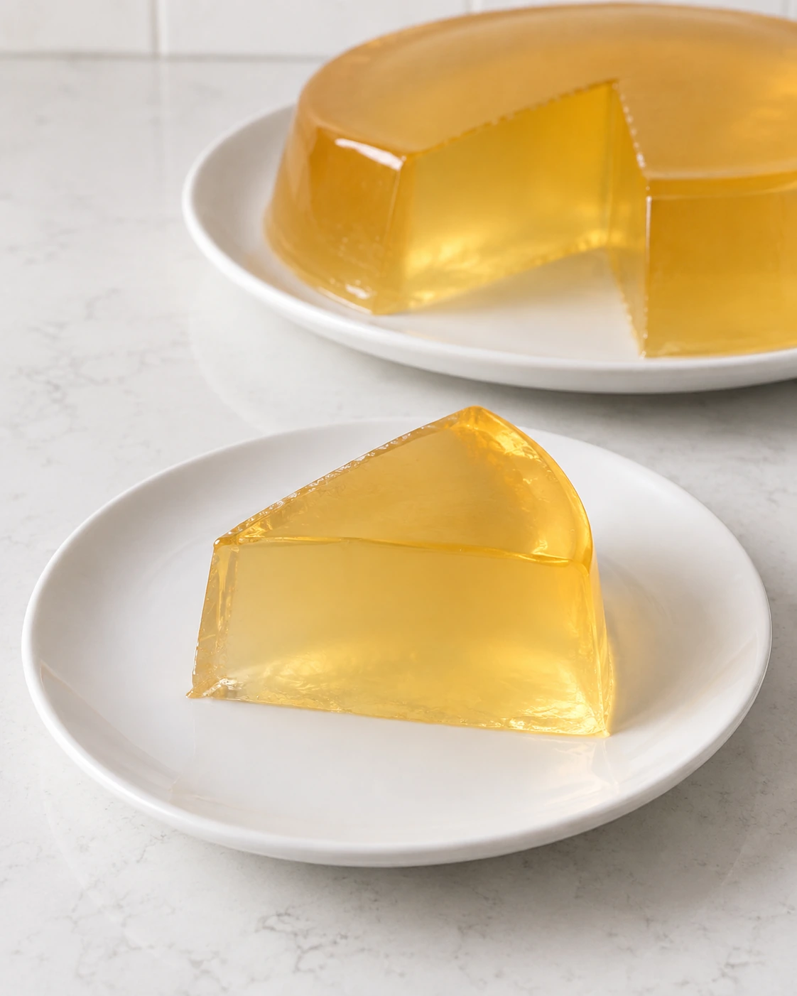 Slice of pale-gold fresh apple juice gelatin beside the remaining mold