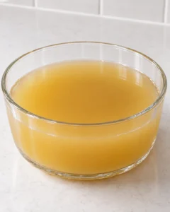 Fresh apple gelatin mixture in the same plain round glass mold used to form the finished fruit jello