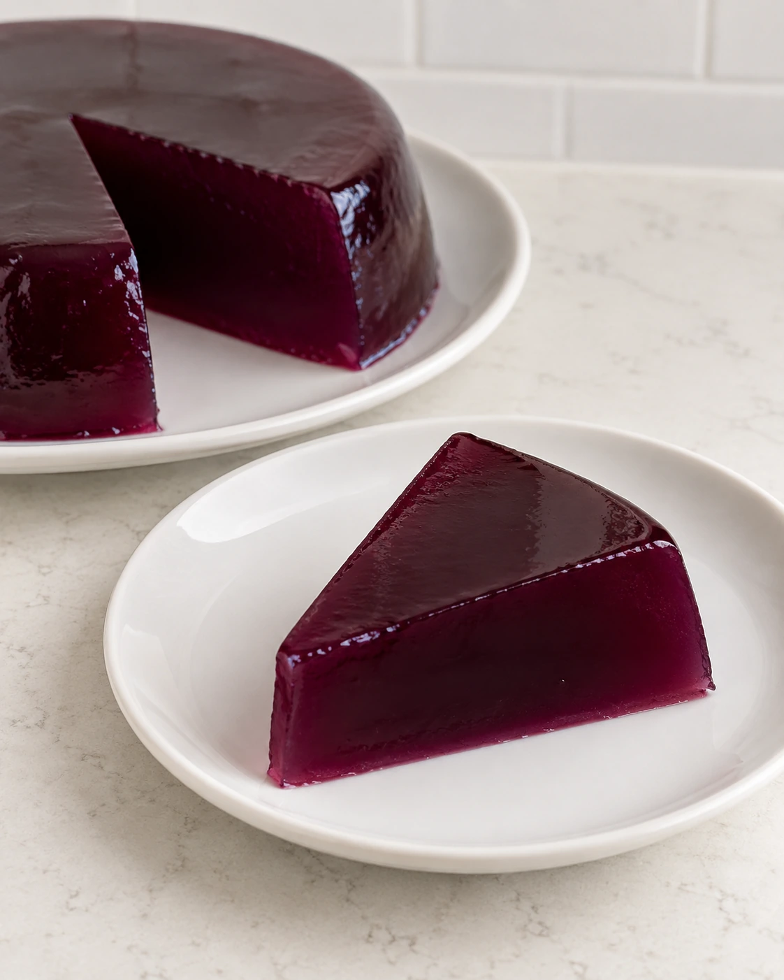 Firm slice of deep-purple Concord grape gelatin beside the remaining mold