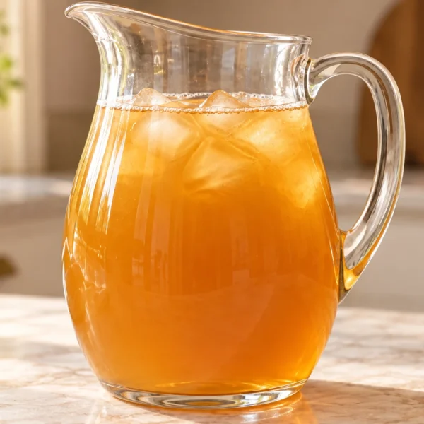 Close glass pitcher of finished fresh apple ginger iced tea