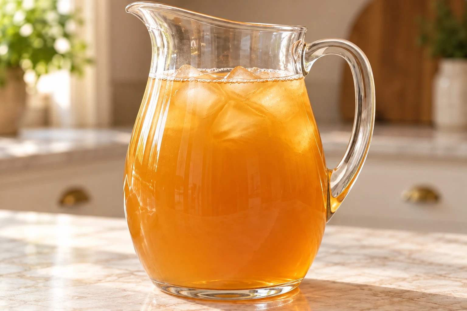 Close view of a glass pitcher filled with amber apple ginger iced tea