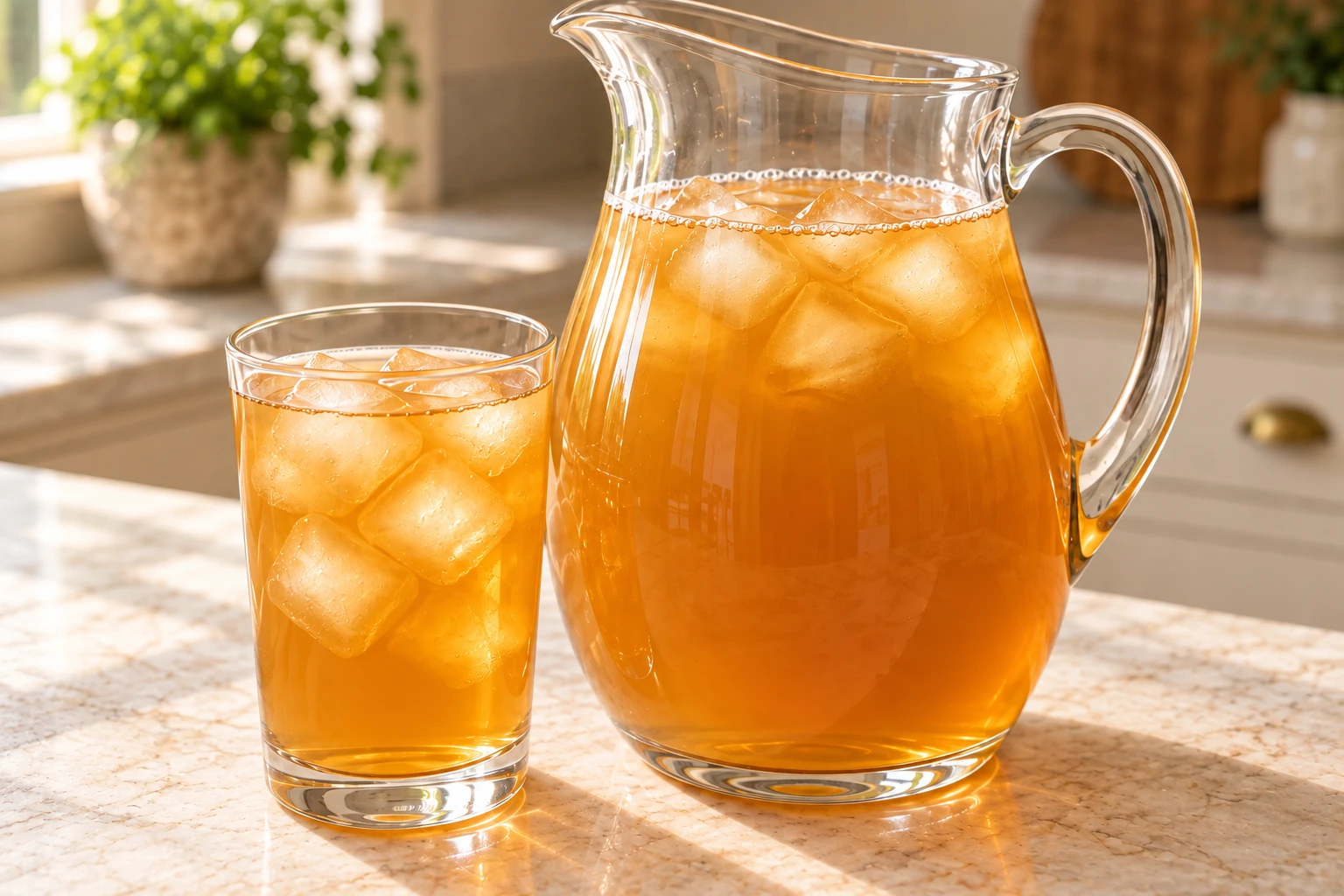 Close glass and pitcher of finished apple ginger iced tea