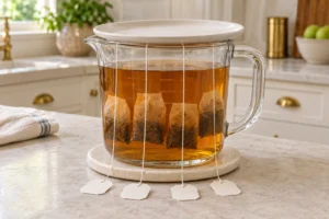 Exactly four ginger tea bags steeping in four cups hot water under a flat supported cover