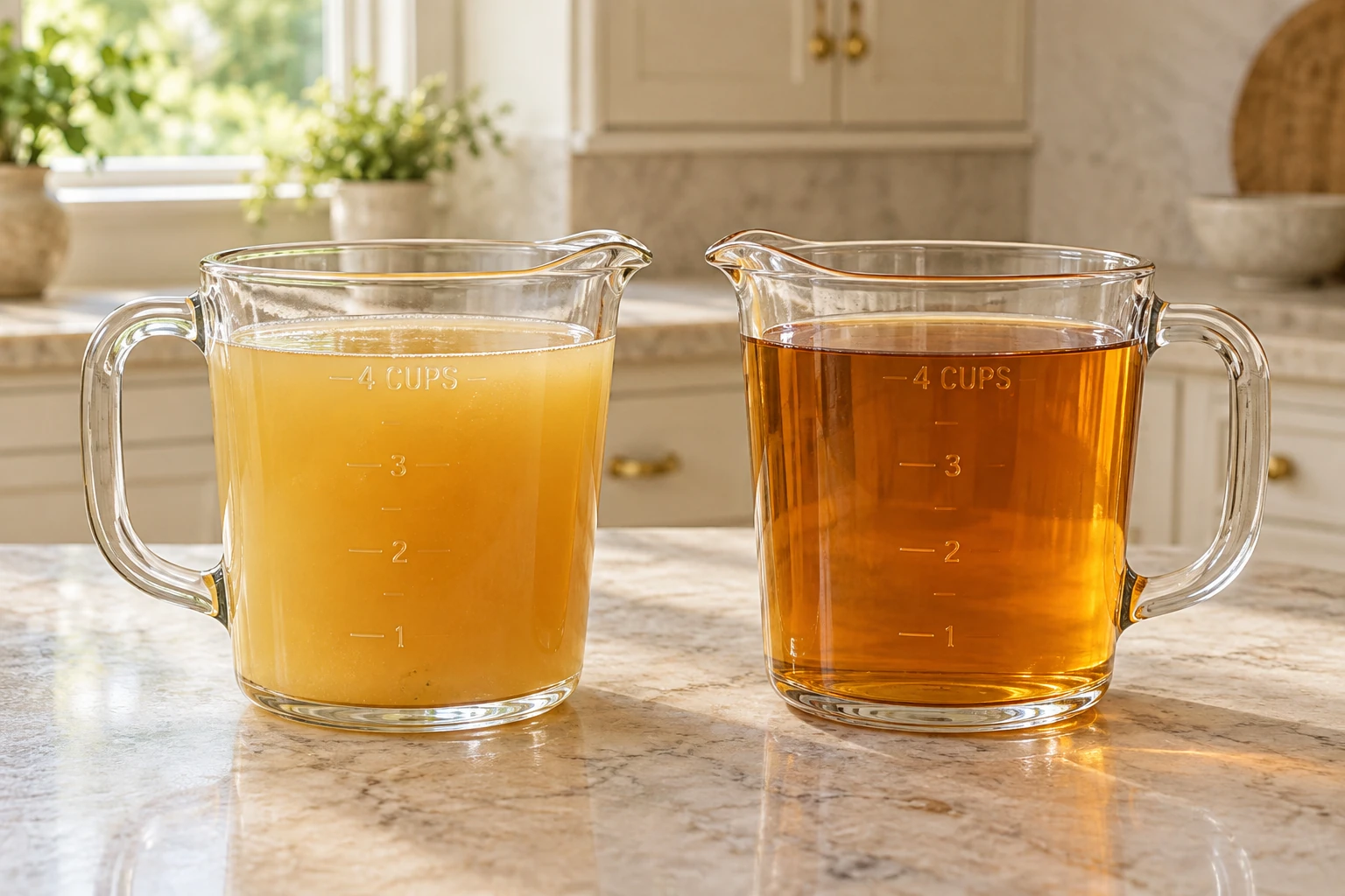 Four cups fresh apple juice and four cups cooled ginger tea in separate supported glass pitchers