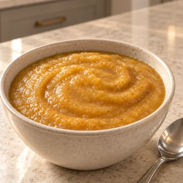 Apple delicata squash porridge with warm spices in a cream bowl