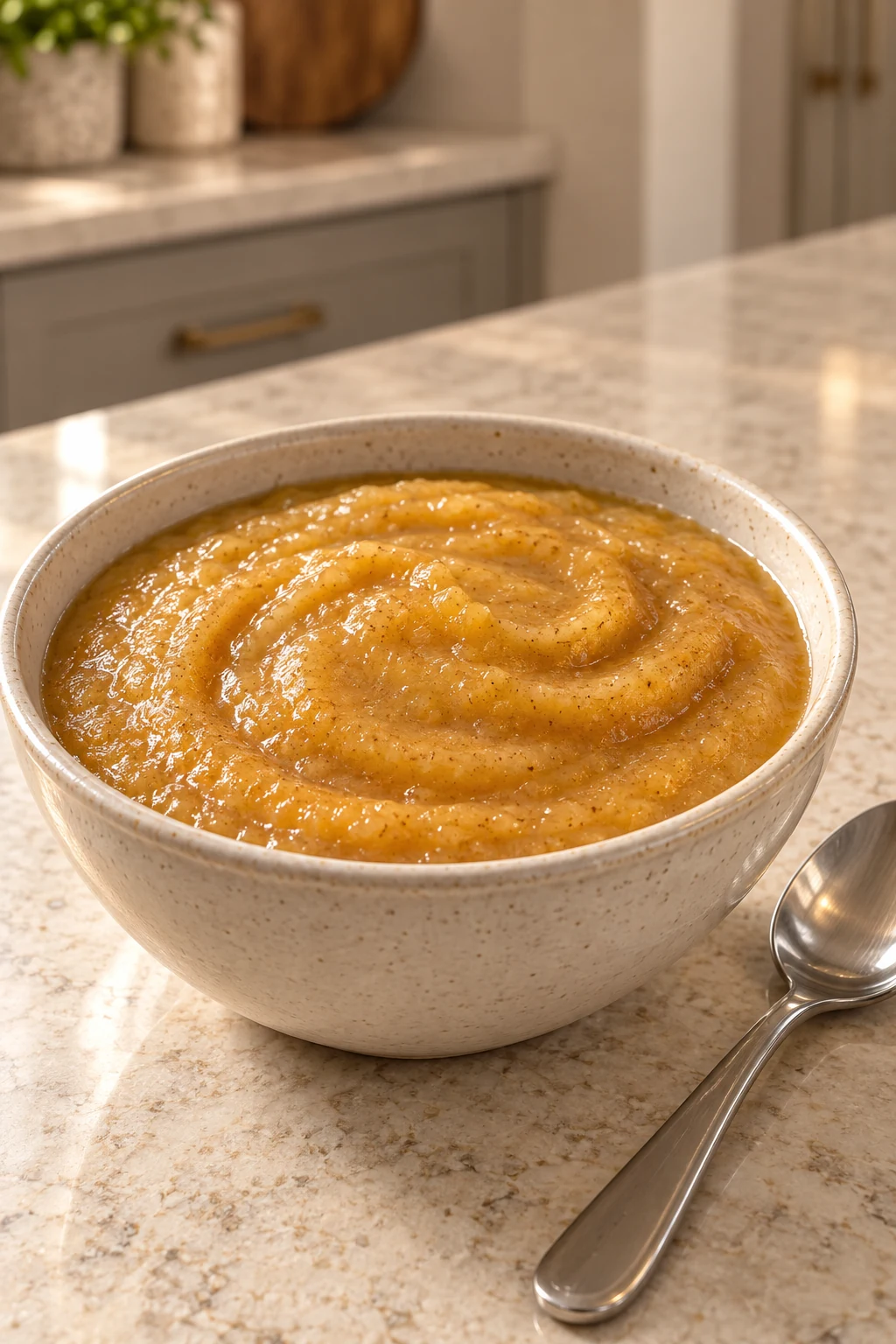 Apple delicata squash porridge with warm spices in a cream bowl