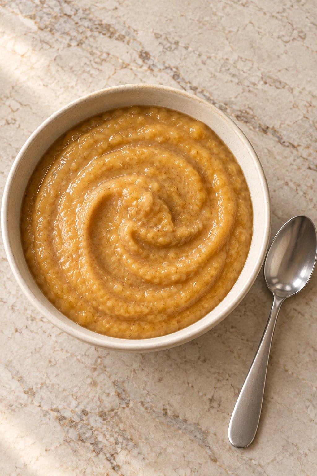 Near-overhead apple delicata squash porridge in a cream bowl