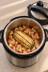 Whole delicata squash and spiced apple pieces in a six-quart pressure cooker