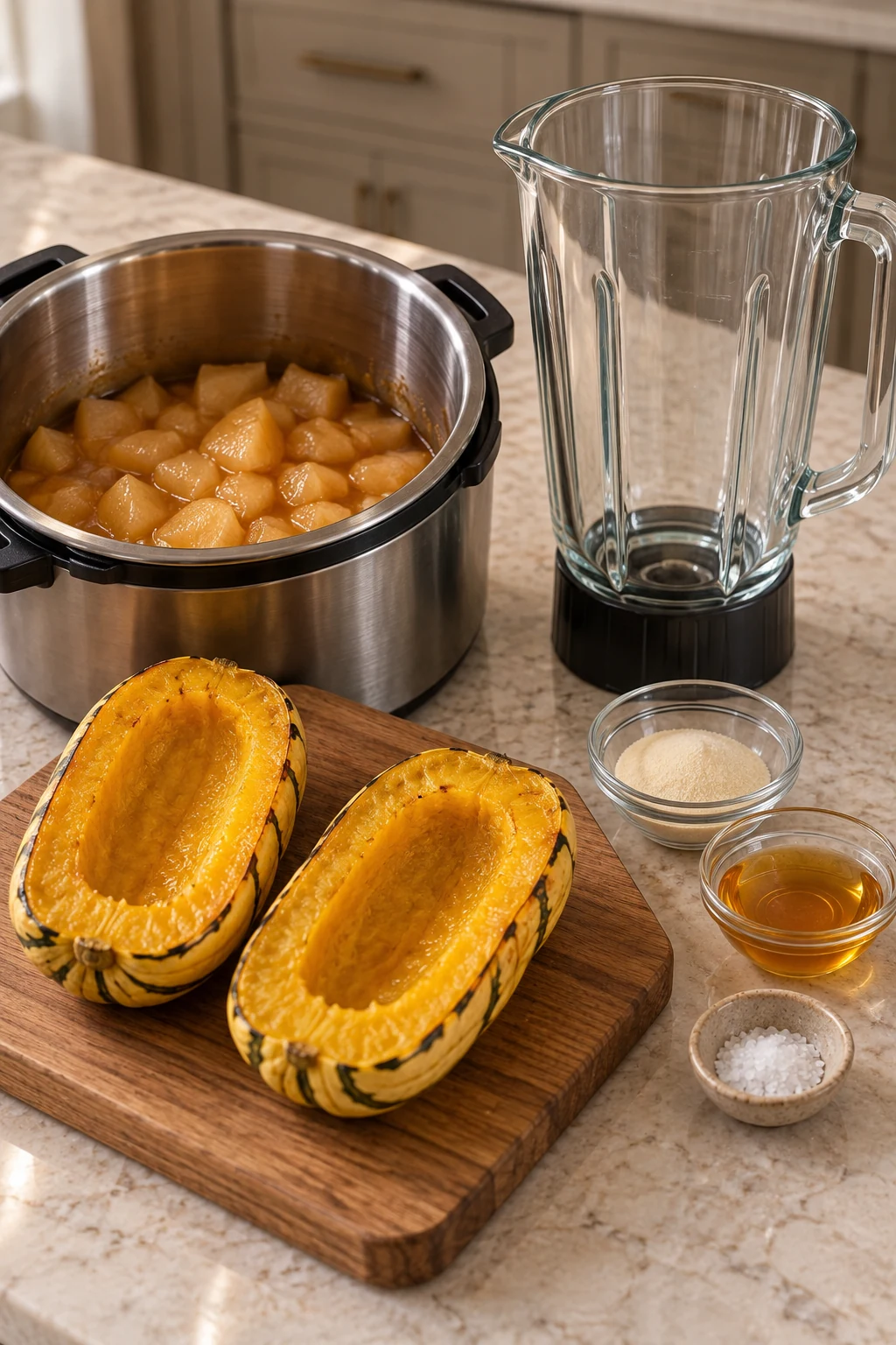 Cooked seeded delicata squash and soft apples ready to blend with gelatin and honey
