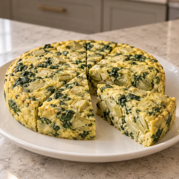 Whole spinach artichoke egg casserole with one wedge pulled forward