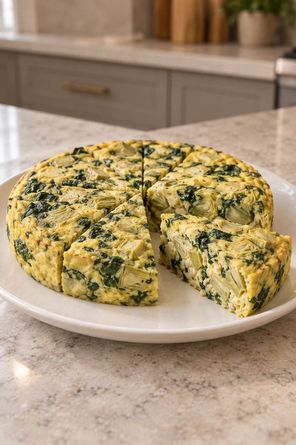 Whole spinach artichoke egg casserole with one wedge pulled forward