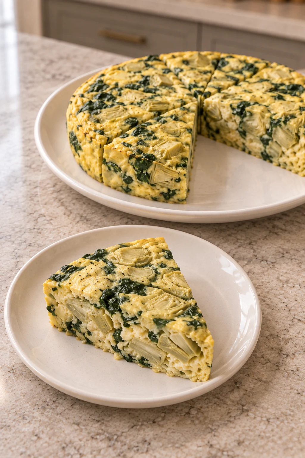 Slice of spinach artichoke egg casserole beside the remaining round casserole