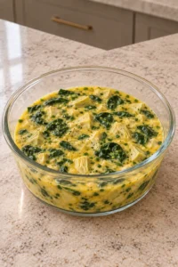 Raw egg mixture with spinach and artichoke hearts in a clear glass cooking bowl
