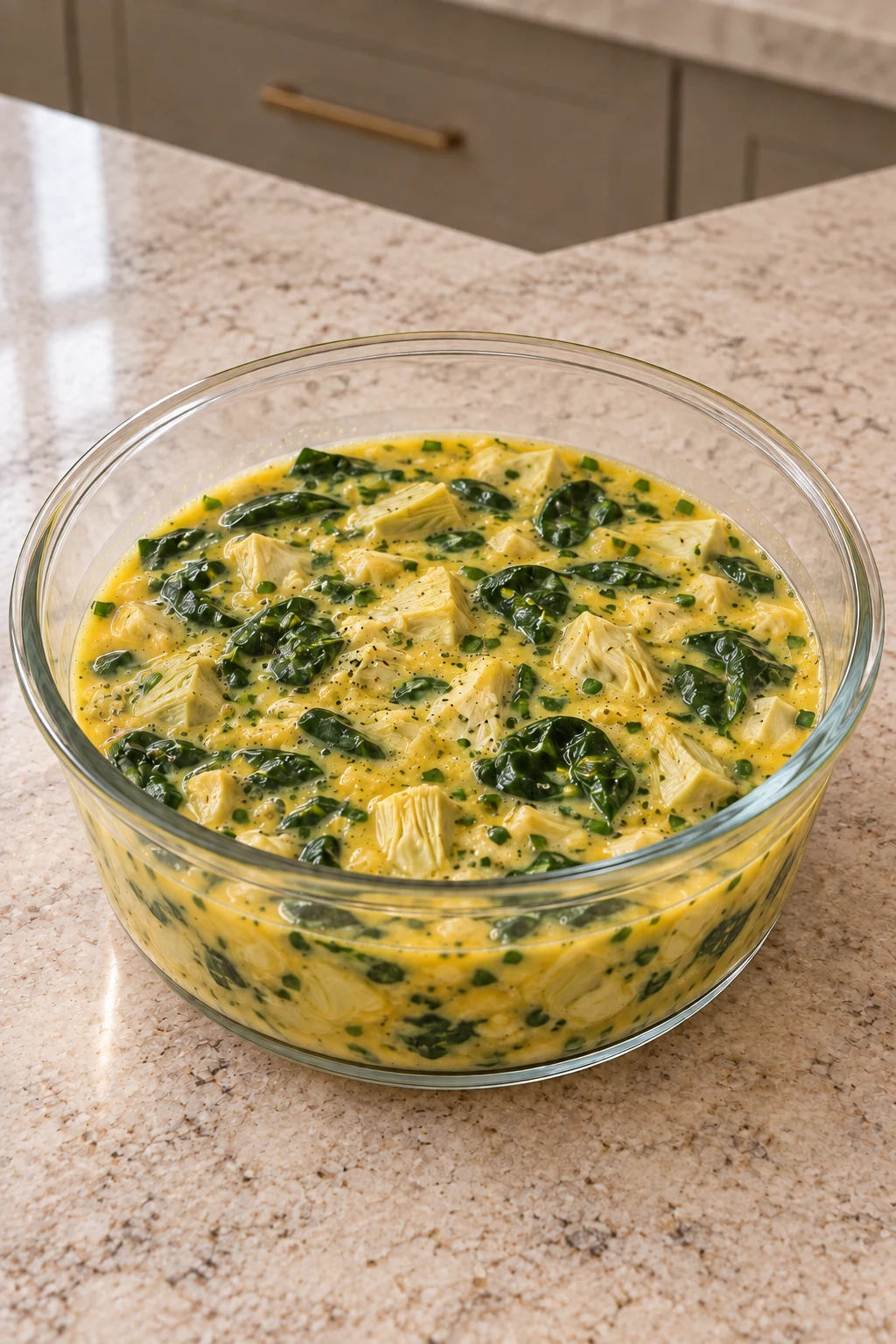 Raw egg mixture with spinach and artichoke hearts in a clear glass cooking bowl
