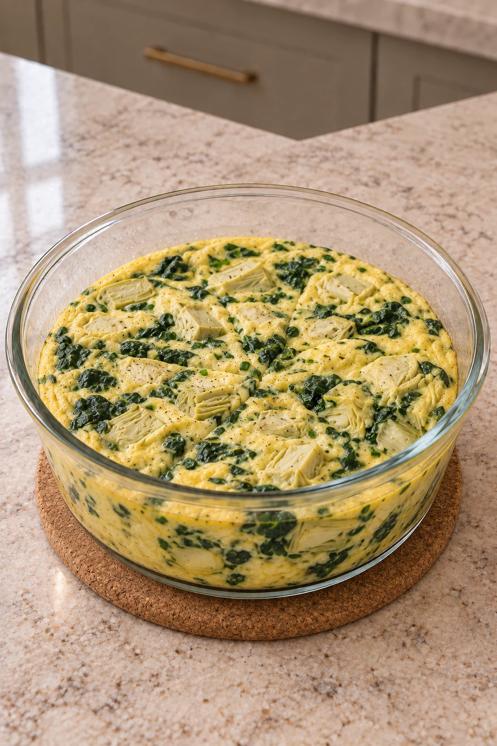 Pressure-cooked spinach artichoke egg casserole with a matte set center