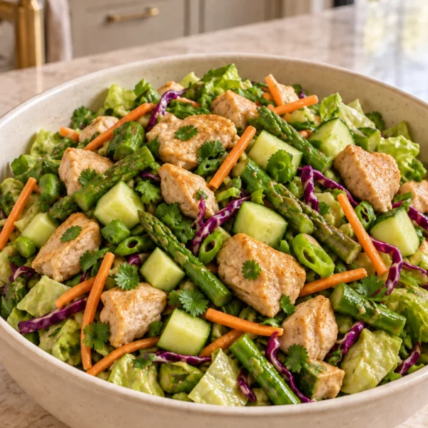 Asian chicken chopped salad with asparagus and almond-butter dressing