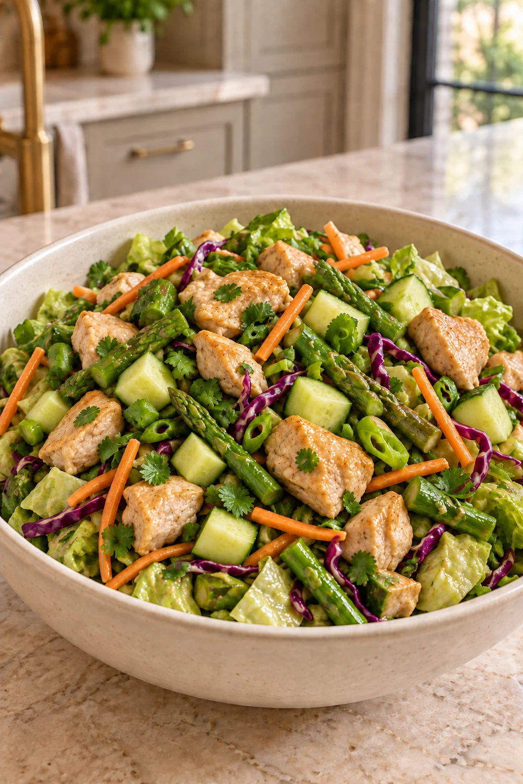 Asian chicken chopped salad with asparagus and almond-butter dressing