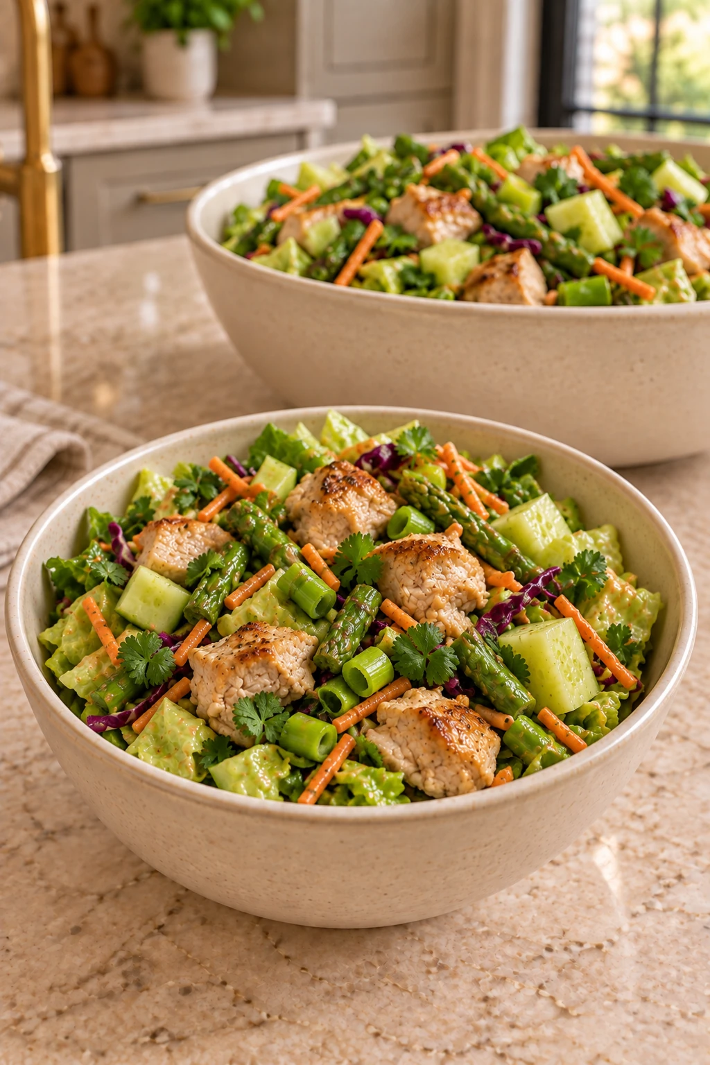 Served bowl of Asian chicken chopped salad beside the larger salad bowl