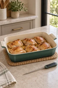 Roasted chicken thighs in an Artichaut baking dish after reaching doneness
