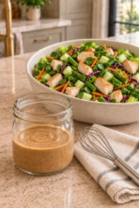 Almond-butter dressing beside the undressed Asian chicken chopped salad
