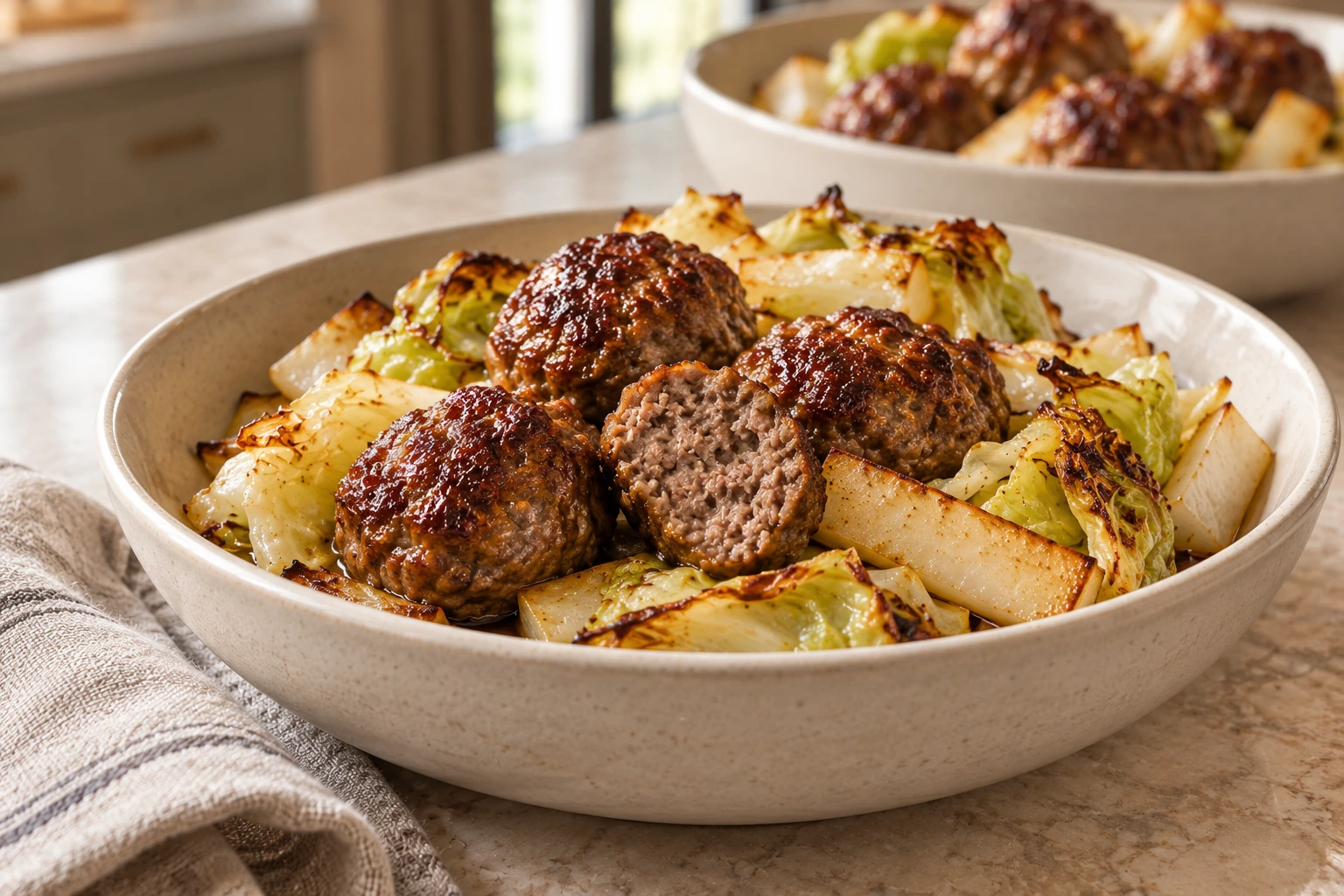 Cut Asian beef meatball with roasted cabbage and daikon in a cream bowl