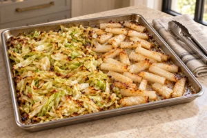 Roasted cabbage and daikon with browned edges on a stainless steel sheet pan