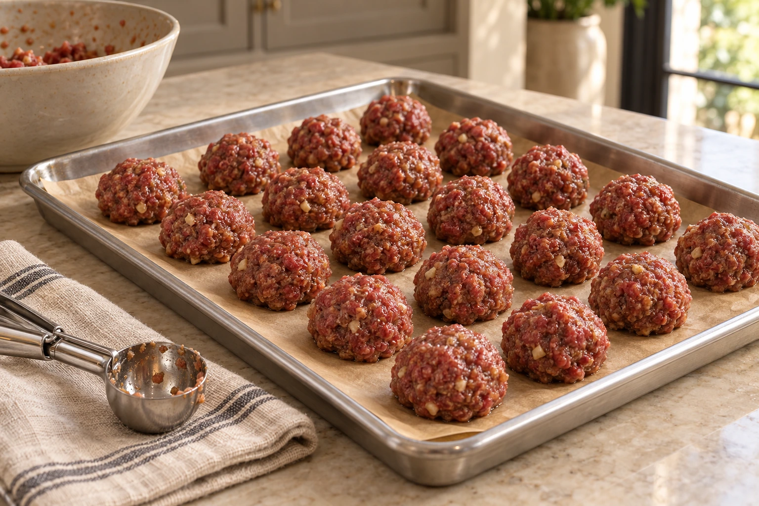 Raw Asian beef meatballs shaped on parchment before baking
