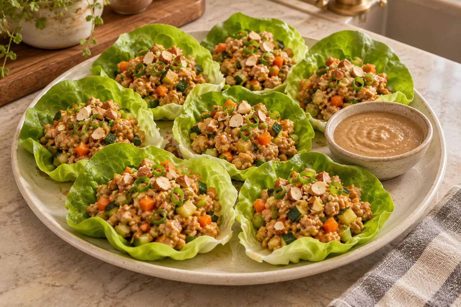 Family platter of turkey lettuce cups with chopped vegetables and almonds
