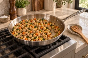 Cooked turkey, carrot, celery, and zucchini filling with no pooled liquid