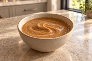 Smooth almond-butter and coconut-aminos sauce holding a thick ribbon fold