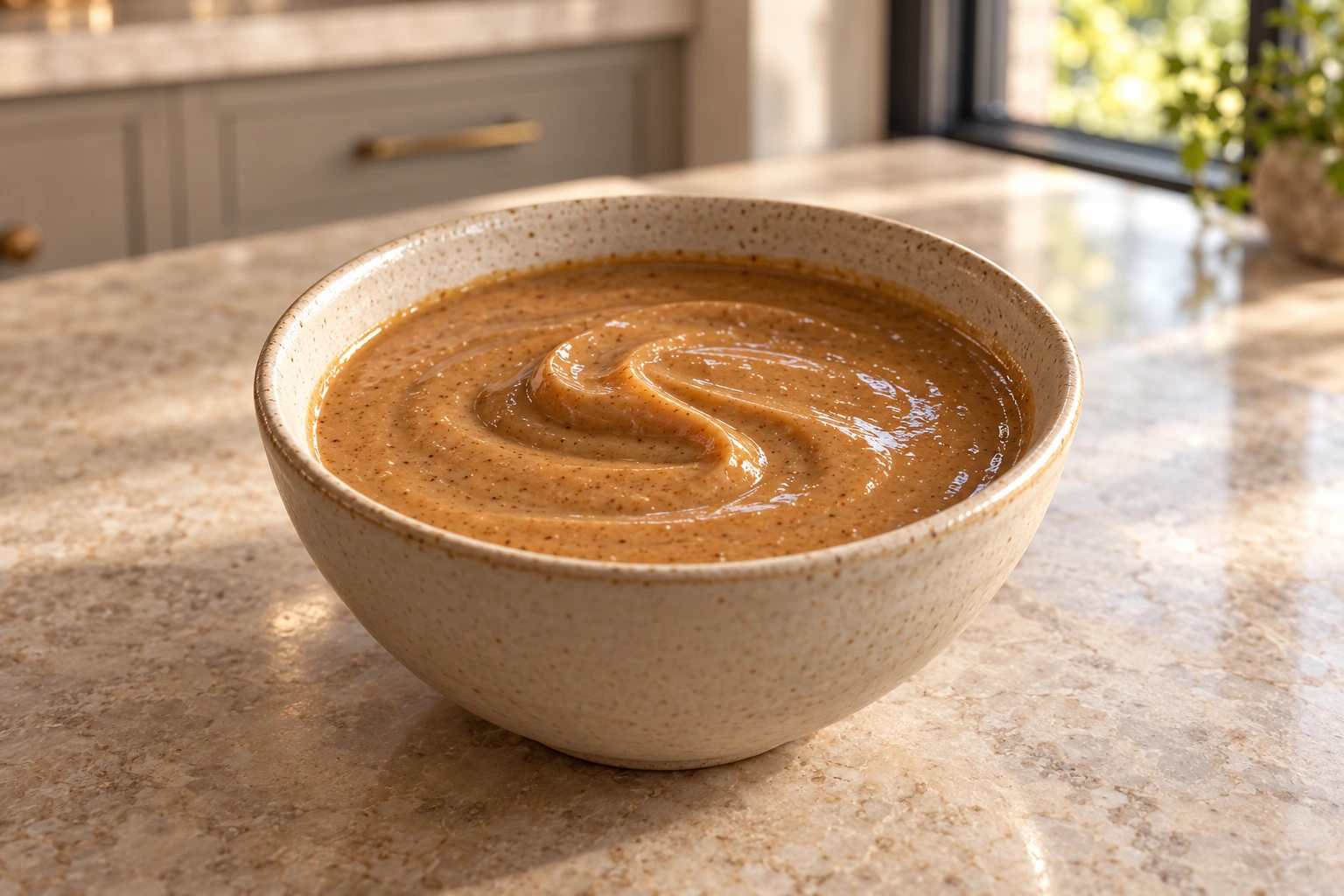 Smooth almond-butter and coconut-aminos sauce holding a thick ribbon fold