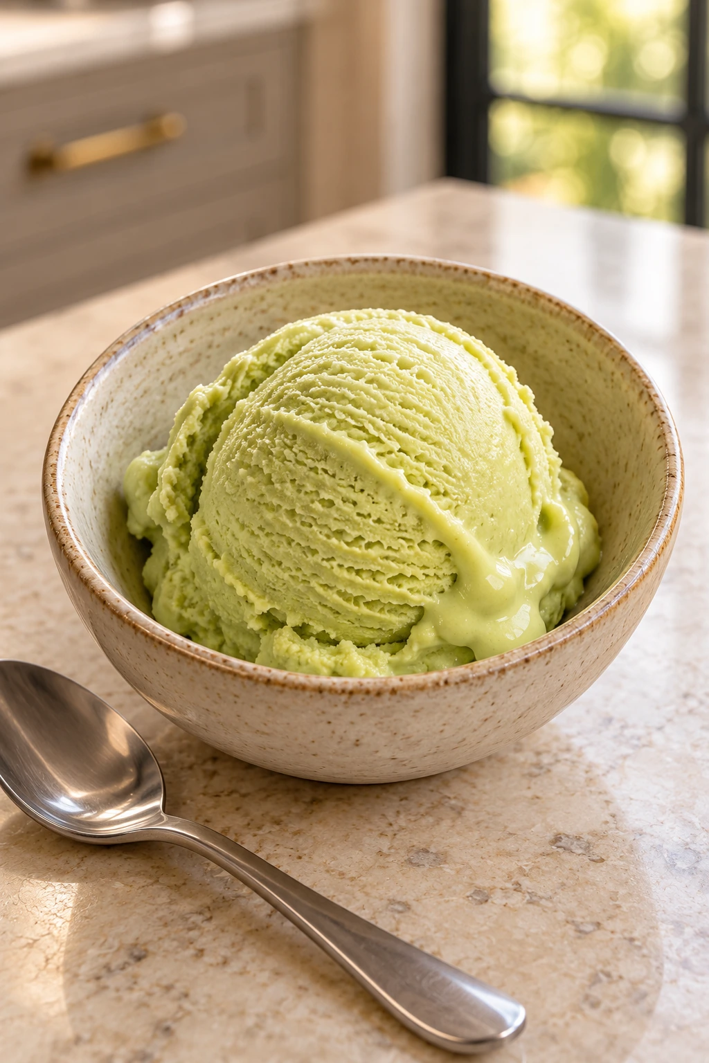 Softly melting scoop of avocado ice cream in a ceramic bowl