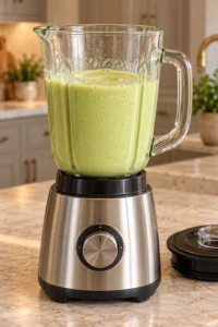 Smooth pale-green avocado ice cream base in a complete blender