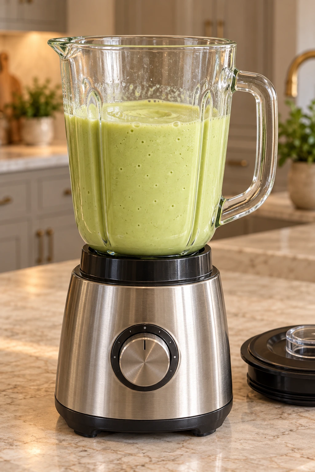 Smooth pale-green avocado ice cream base in a complete blender