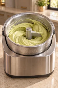 Avocado ice cream forming thick soft folds in a stainless ice cream maker