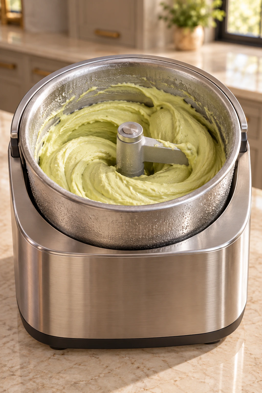 Avocado ice cream forming thick soft folds in a stainless ice cream maker