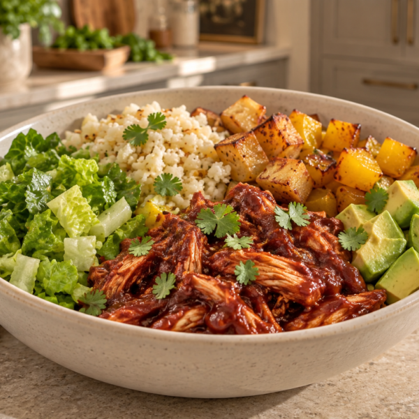 Nightshade-free BBQ chicken salad bowl with swede, yellow beets, cauliflower rice, and avocado