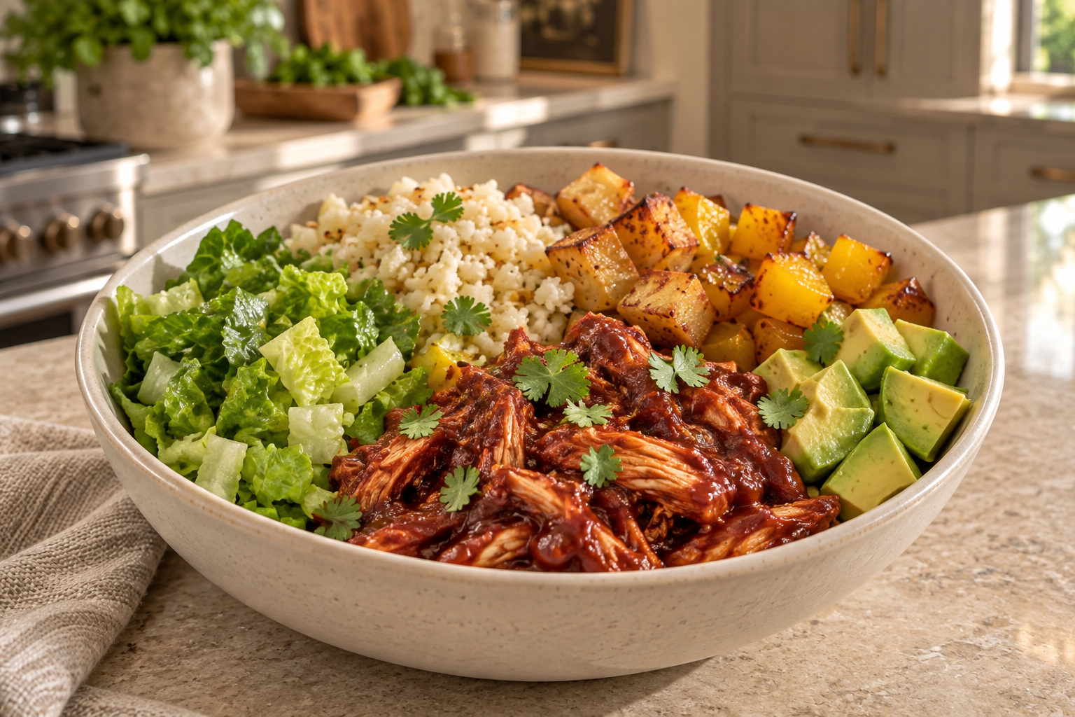 Nightshade-free BBQ chicken salad bowl with swede yellow beets cauliflower rice and avocado