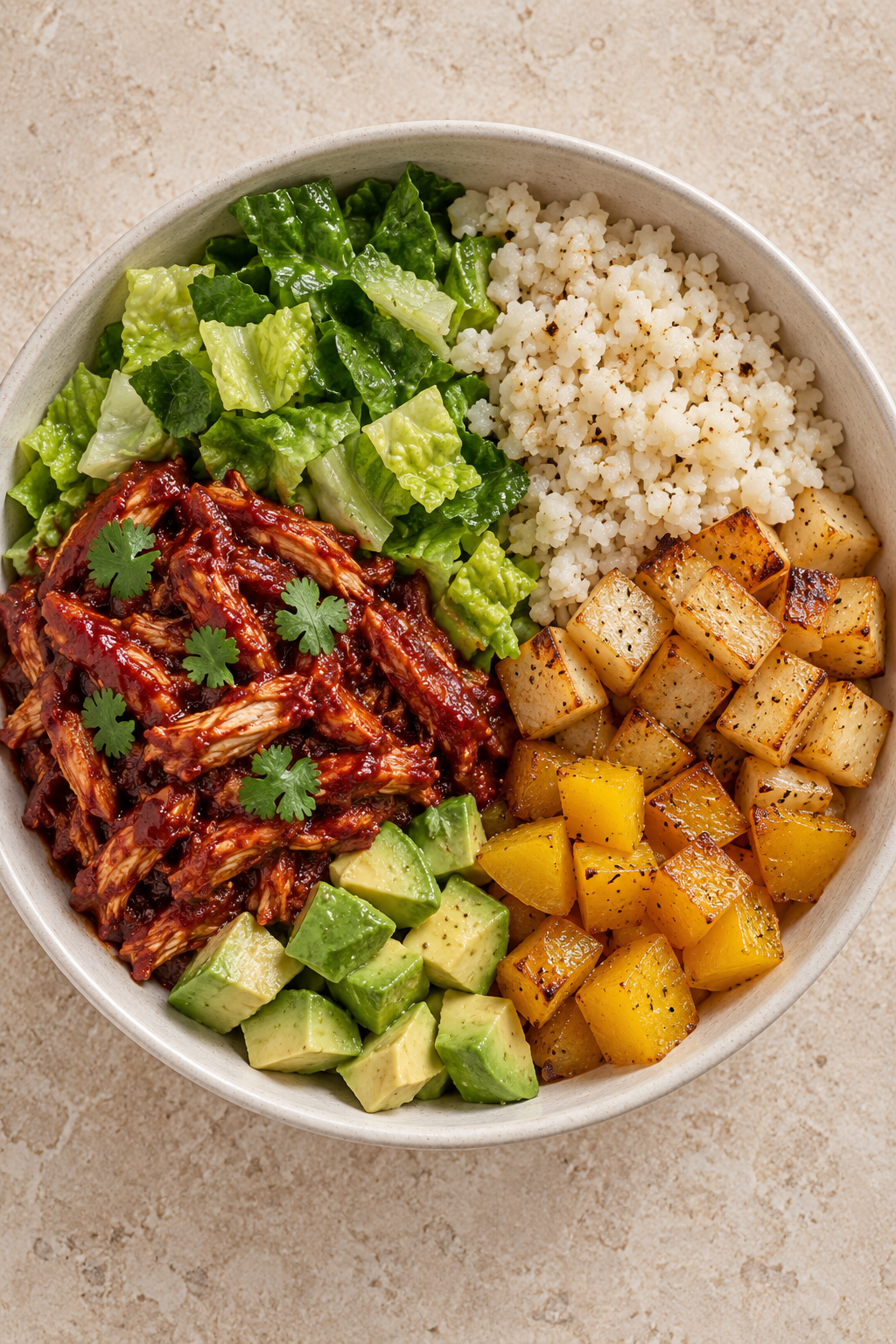 Overhead view of a Full GAPS nightshade-free BBQ chicken salad bowl