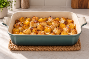 Fork-tender roasted swede and yellow beet cubes in an Artichaut baking dish