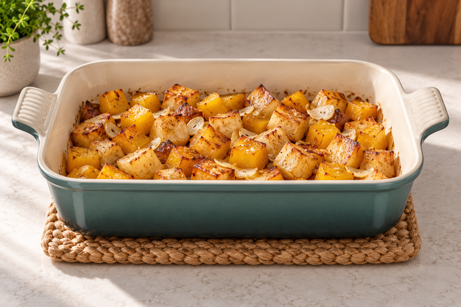 Fork-tender roasted swede and yellow beet cubes in an Artichaut baking dish