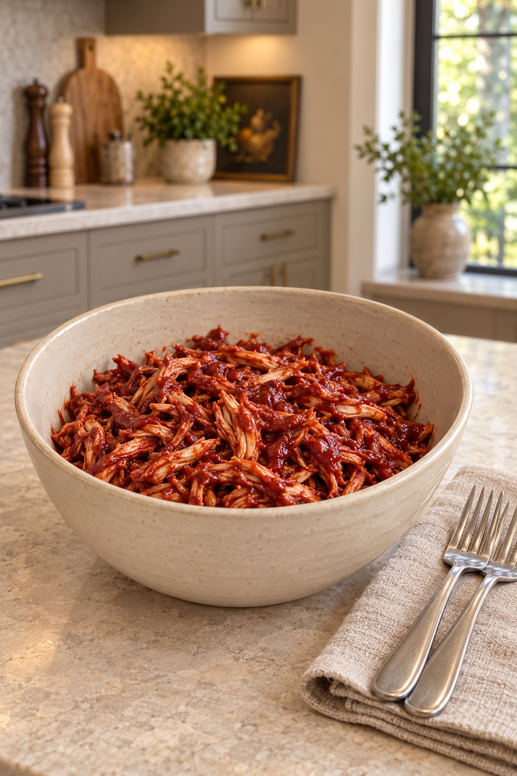 Shredded chicken coated in smooth nightshade-free carrot beet BBQ sauce