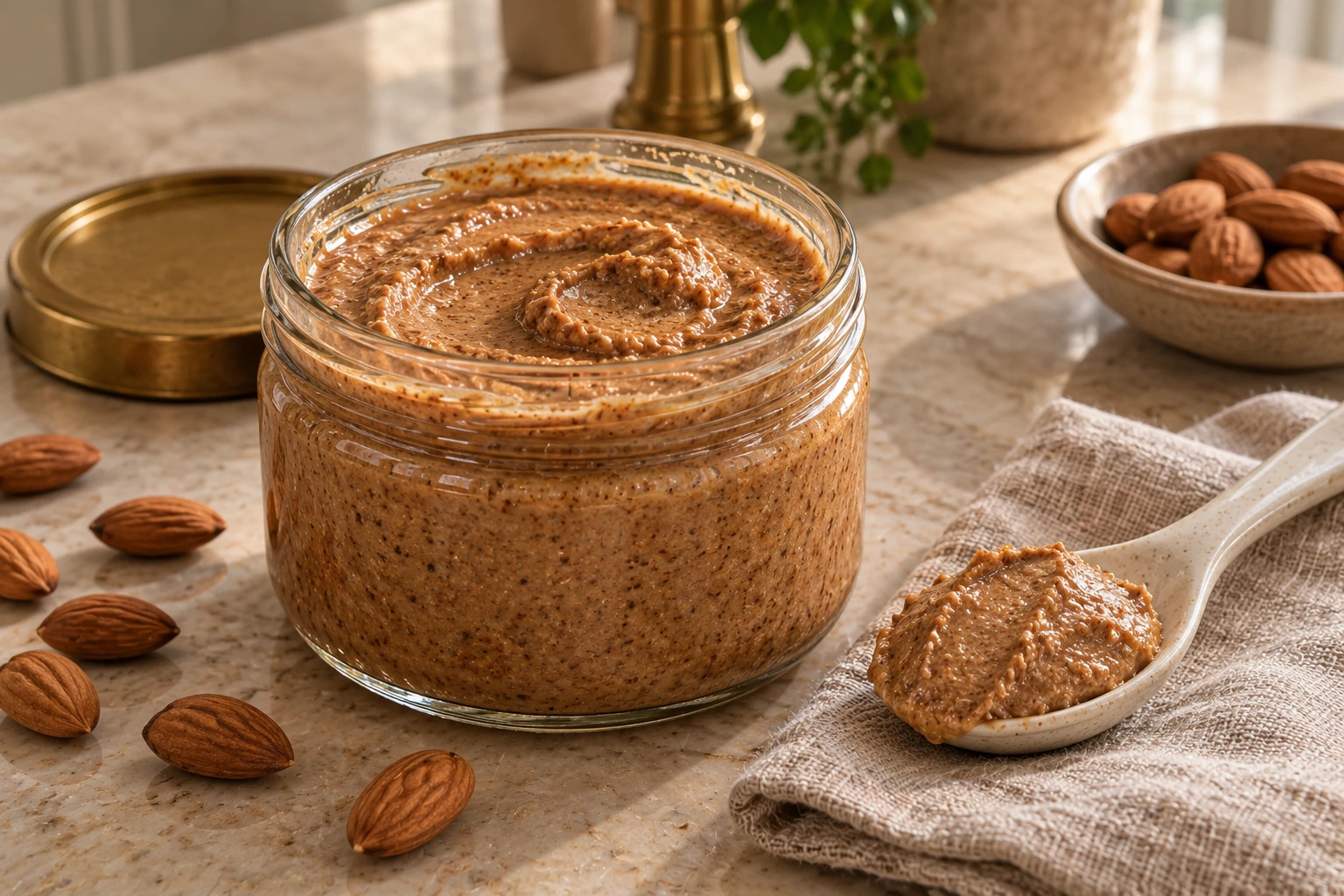 Thick fermented almond butter with a spoon trail