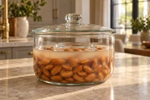 Raw almonds fully submerged under whey and filtered water