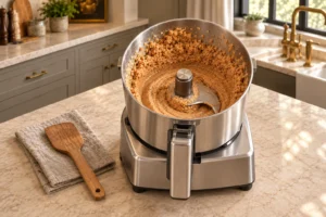 Wet cultured almonds forming glossy butter in a fully supported stainless food processor