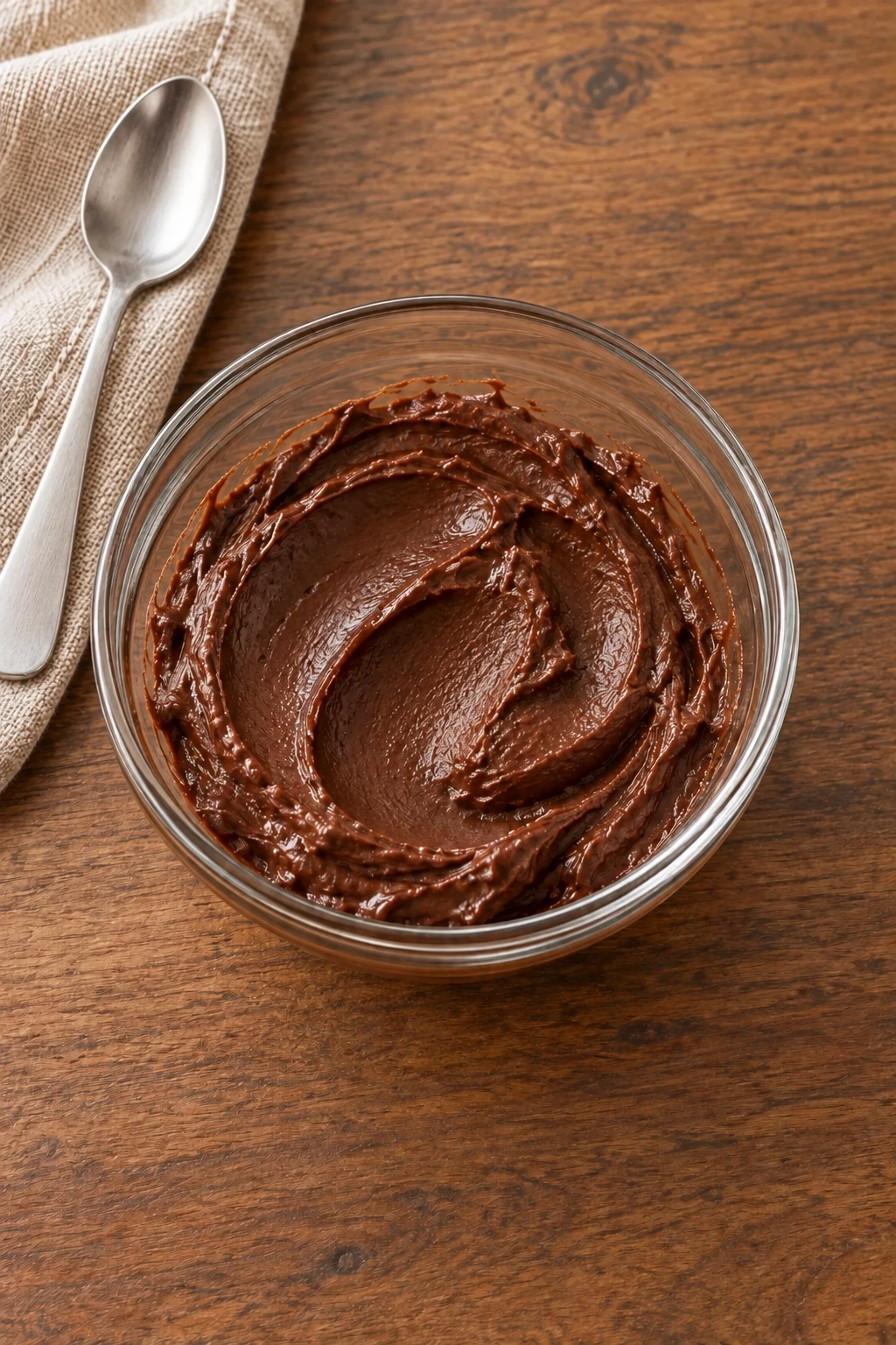 Overhead glass bowl of single-serving chocolate frosting with a spoon-texture scoop