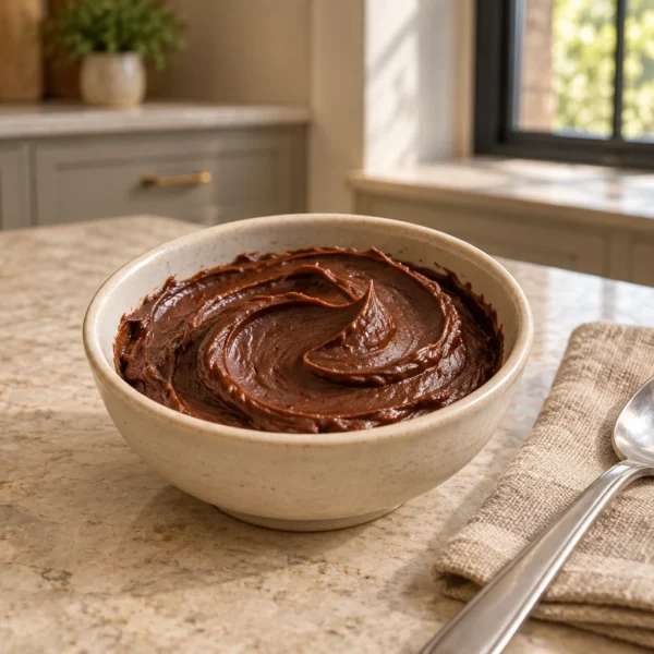 Full GAPS chocolate frosting for one in a small ceramic bowl
