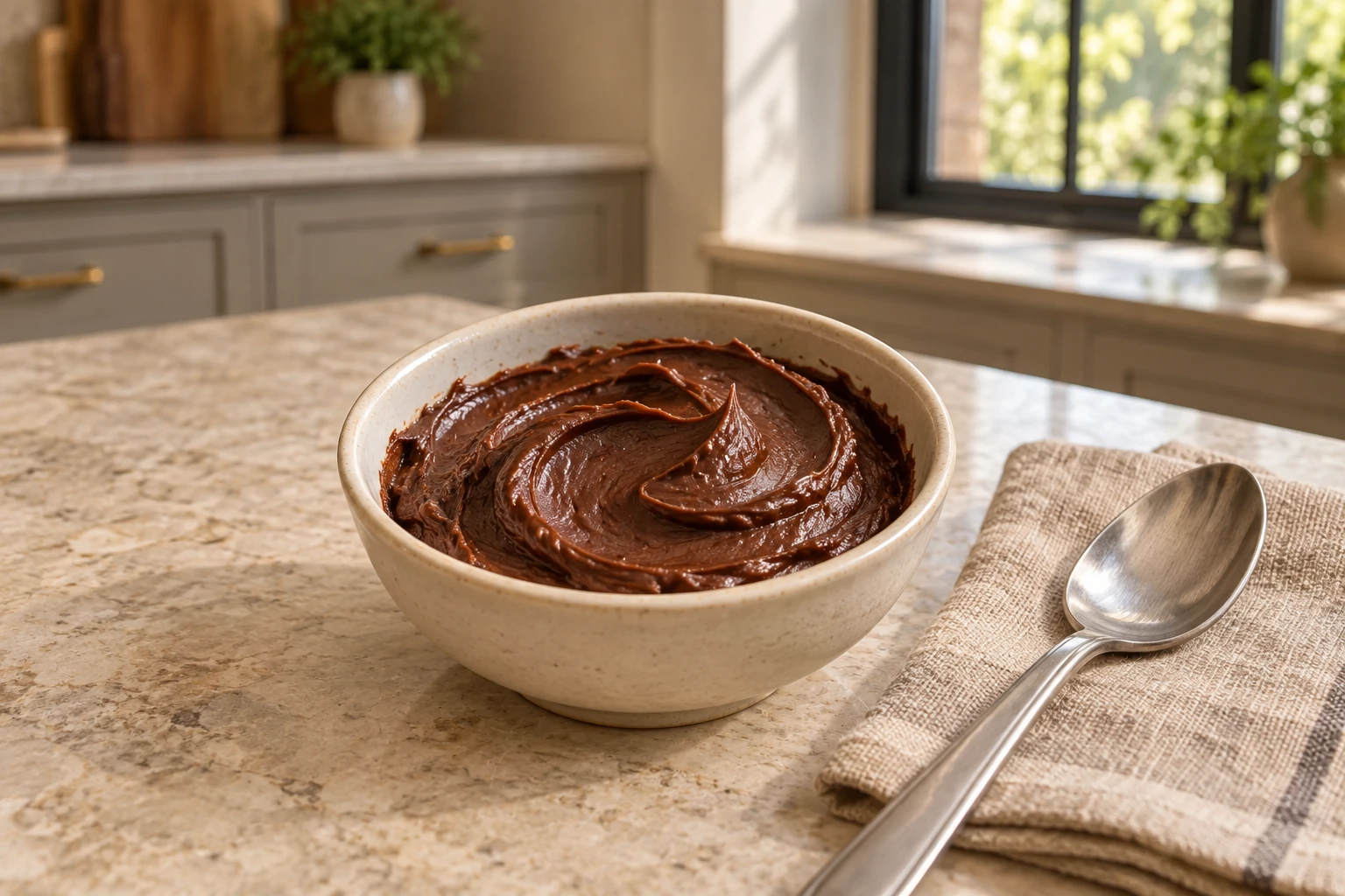 Full GAPS chocolate frosting for one in a small ceramic bowl