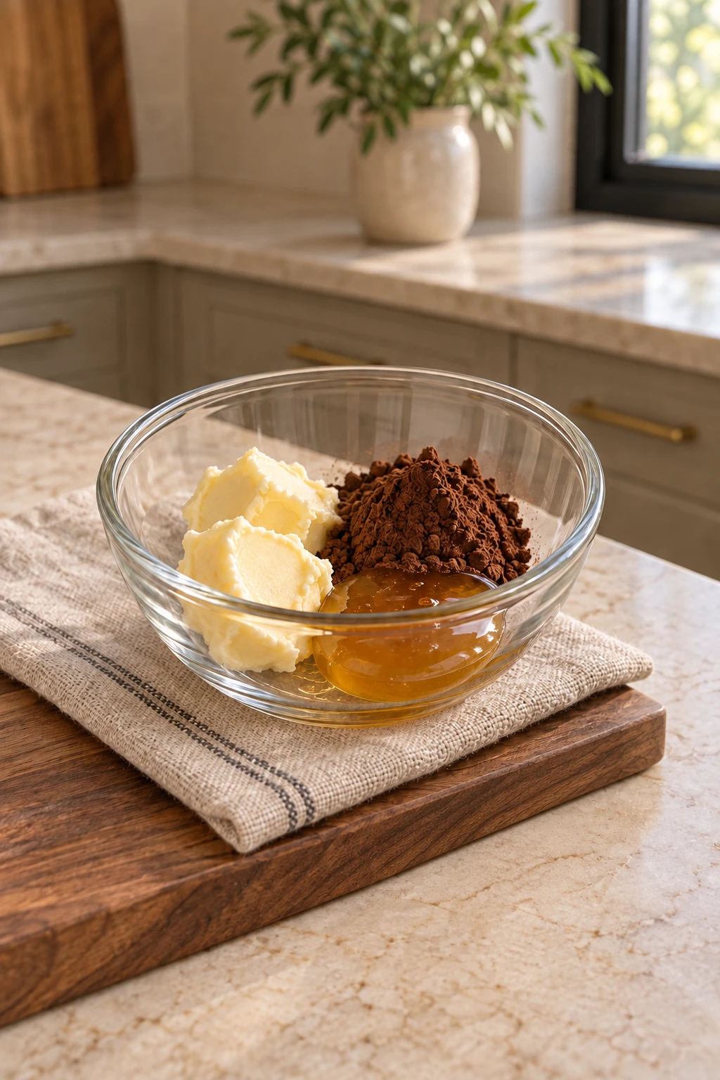 Two tablespoons soft butter one tablespoon cocoa and one tablespoon raw honey before mixing